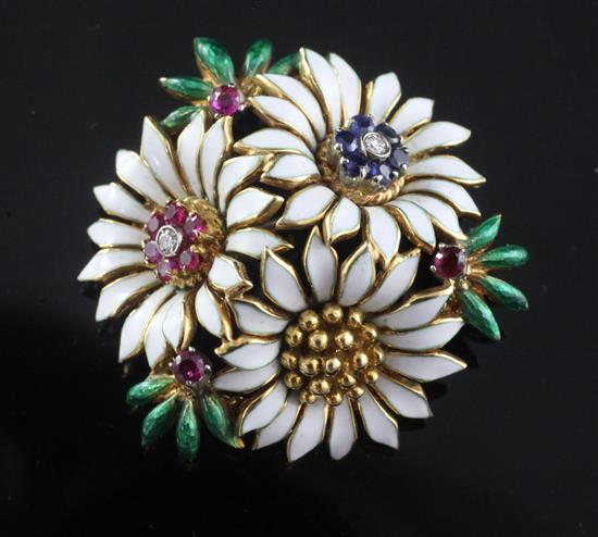 An 18ct gold, two colour enamel and multi gem set flower head brooch, 33mm.